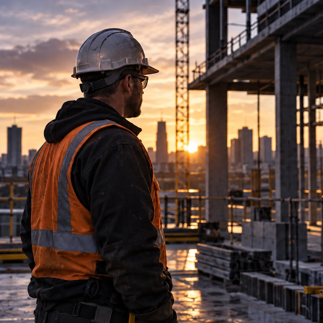 Construction worker in a hard hat and high-visibility vest looking across a city building site at sunset