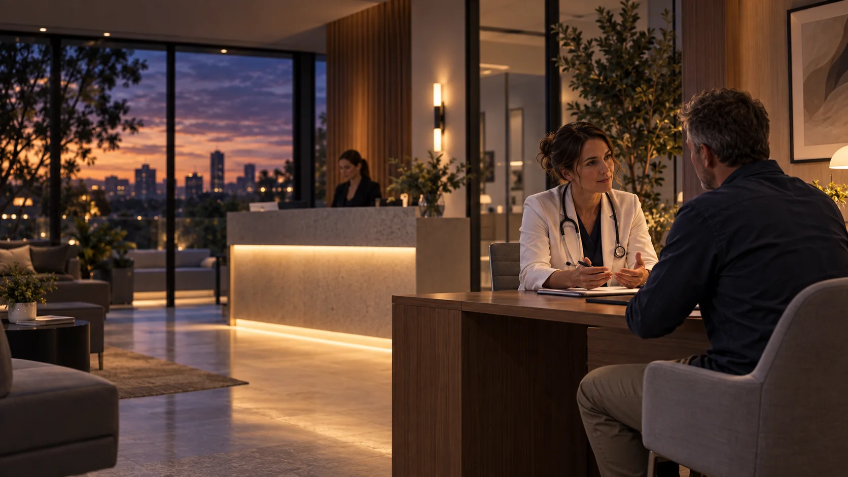 Doctor in a white coat consulting a patient across a desk in a warmly lit clinic reception at dusk