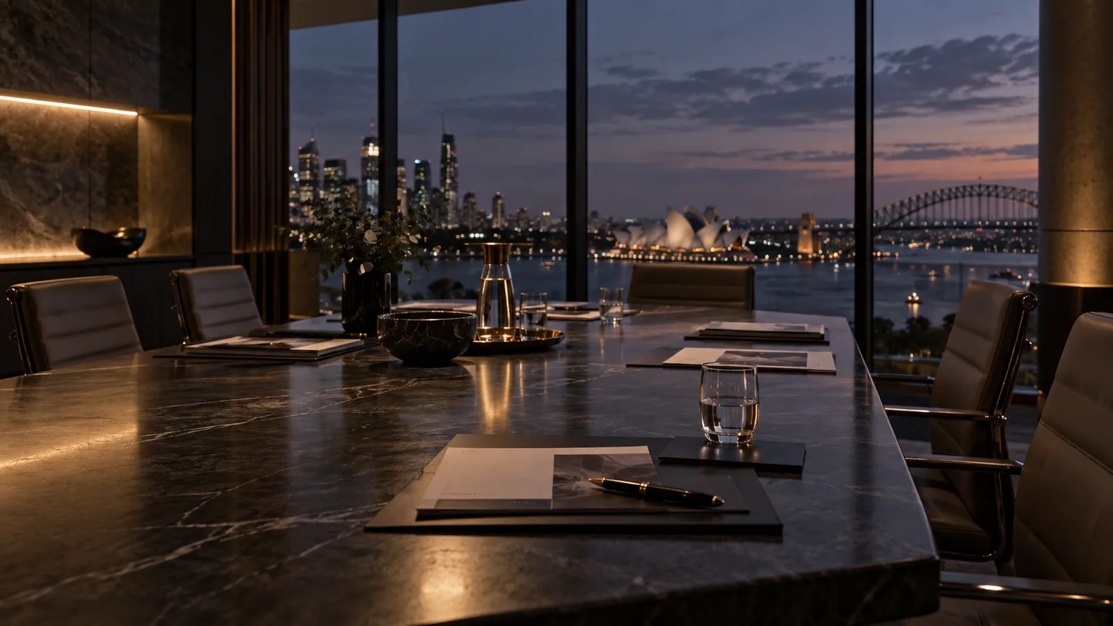 Boardroom table at dusk with a view of Sydney Harbour, the Opera House and the Harbour Bridge