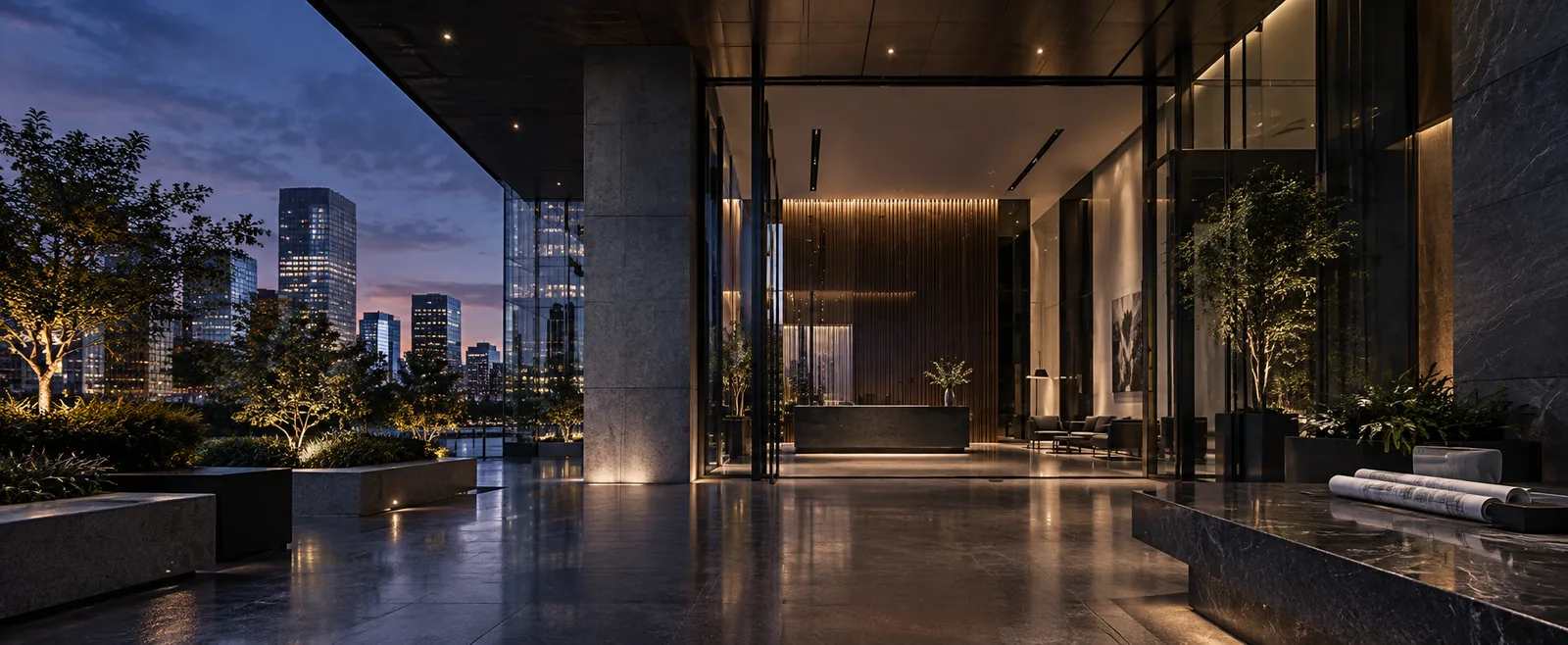 Modern commercial building lobby at dusk with stone, glass, planting and a city skyline