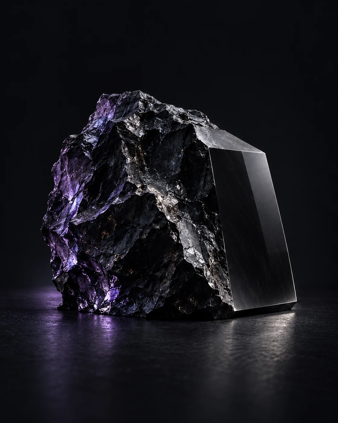 Rough obsidian sculpture with a precisely polished face, representing refinement from audit to scale.